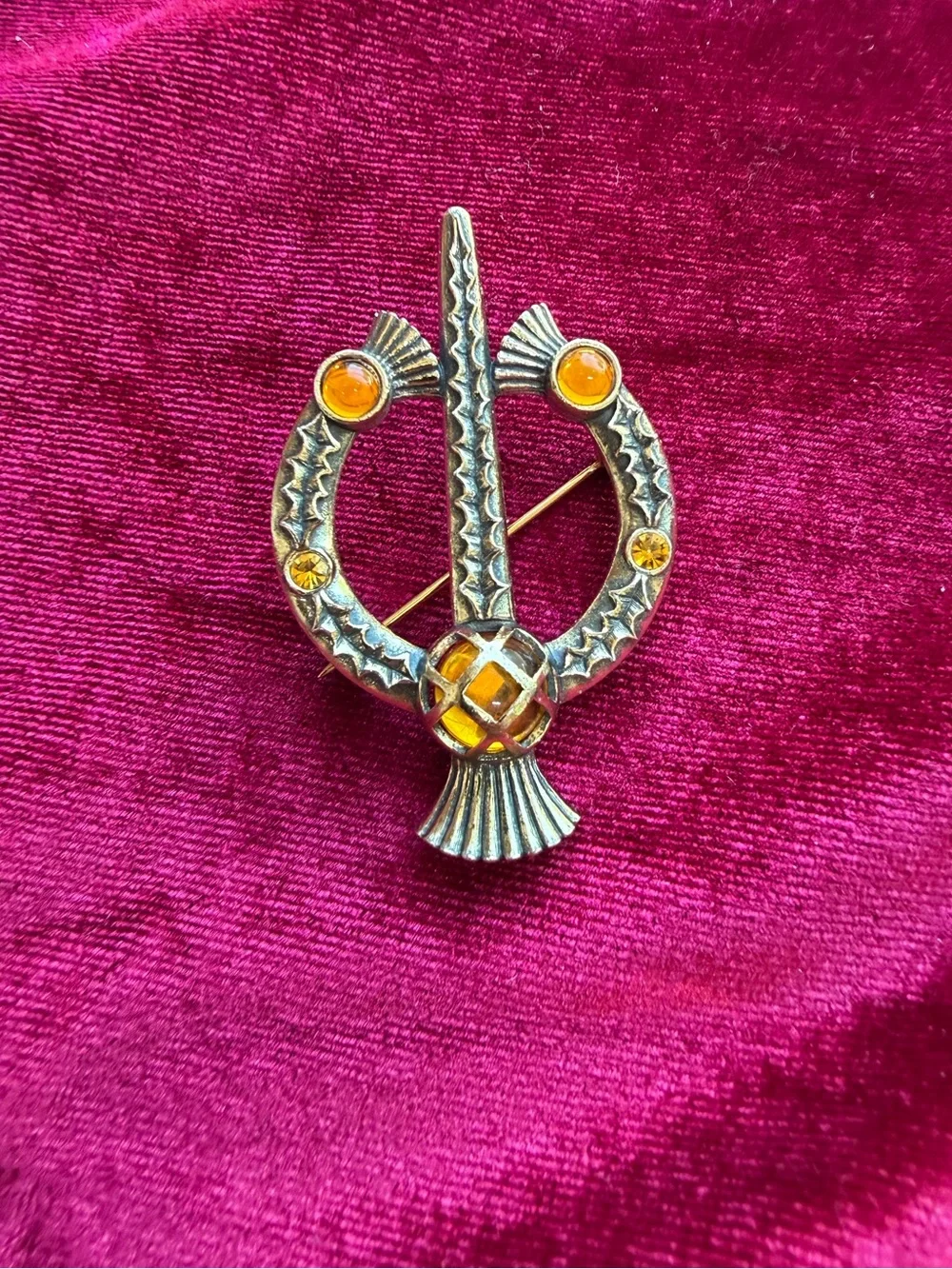 Vintage Miracle Scottish Thistle Brooch with Crystal Stones